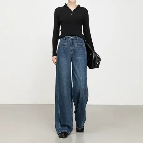 复古大码牛仔阔腿裤女秋季2025韩版新款设计感百搭宽松显瘦直筒裤商品大图