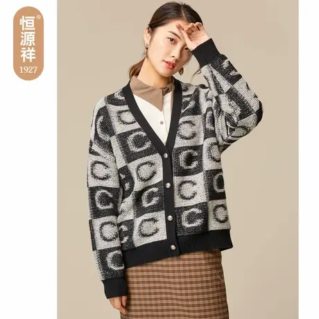 Q恒源祥棋盘格针织开衫女100纯羊毛秋冬宽松字母撞色提花纽扣外套图片