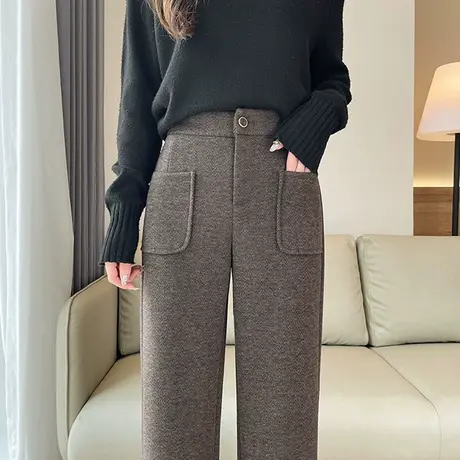 毛呢西装阔腿裤女冬季高腰显瘦直筒垂感休闲宽松加厚羊绒拖地裤子商品大图