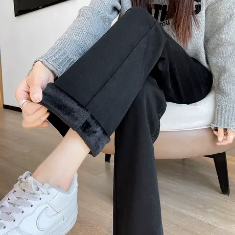 黑色直筒牛仔裤女窄版2023新款秋冬加绒加厚高腰显高直筒烟管裤子商品大图