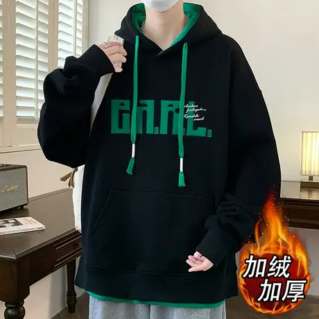 假两件加绒卫衣男秋冬款字母印花连帽外套男士加厚保暖长袖上衣服商品大图