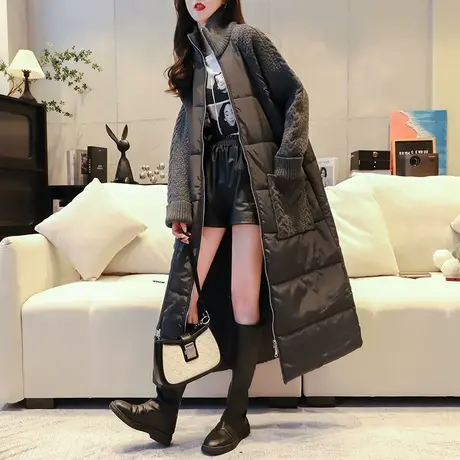 设计感拼接毛衣外套女2023新款秋冬季宽松慵懒风长款过膝针织开衫图片