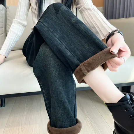 九分哈伦牛仔裤女加绒加厚保暖秋冬新款高腰直筒大码老爹哈伦裤子商品大图