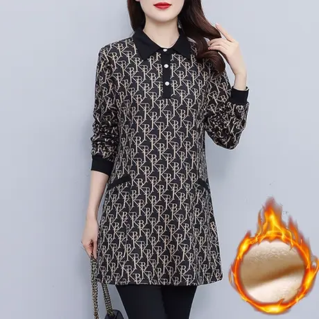 加绒加厚打底衫女秋冬季中长款上衣大码胖mm中年妈妈减龄洋气遮臀商品大图