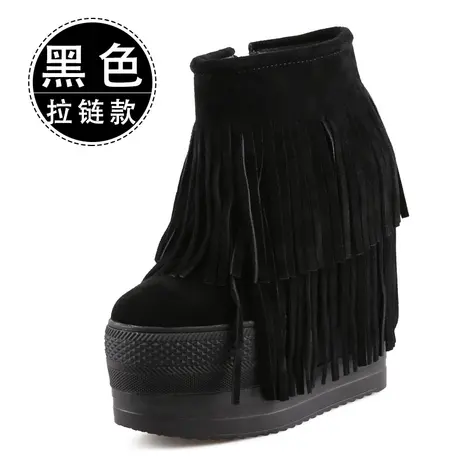 15cm内增高女靴秋冬新款加绒厚底高跟春秋单靴真皮恨天高流苏短靴图片