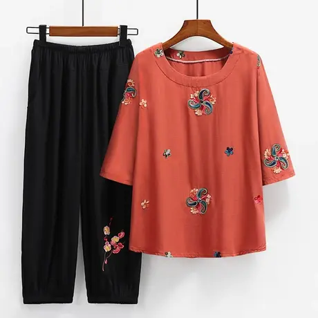 中老年女装夏季妈妈棉绸套装60岁奶奶短袖棉麻上衣老太太衣服t恤商品大图