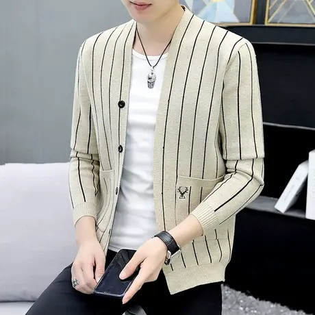 毛衣男针织衫新款秋季休闲无领开衫外套男士韩版潮流薄款外穿线衣商品大图