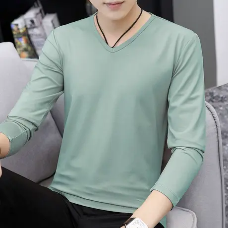 莫代尔t恤男士长袖潮流V领纯色秋季小衫修身内搭打底衫秋衣服体恤商品大图