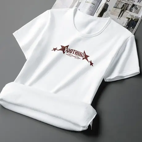 白色t恤男士短袖潮牌潮流圆领上衣服秋冬保暖加绒加厚打底衫体恤图片