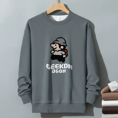 350g重磅套头卫衣男圆领秋冬款加绒加厚长袖t恤摇粒绒无帽上衣服商品大图