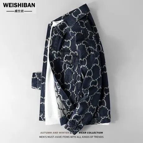 春秋款新款高级感牛仔外套男名媛小香风情侣夹克美式老花满印上衣商品大图