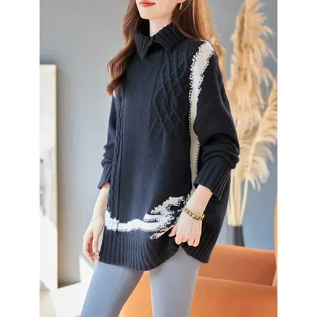 宝诗黎高领慵懒麻花羊毛针织衫女宽松中长款2024春季新款长袖毛衣商品大图