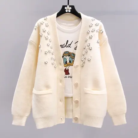 小香风重工镶钻钉珠毛衣外套女秋冬2023新款宽松慵懒风针织开衫图片