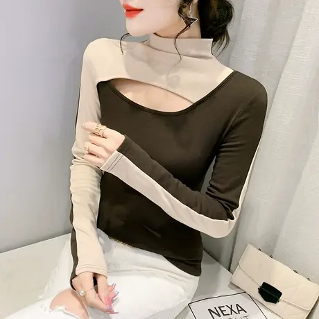 加厚德绒打底衫女内搭春秋设计感撞色半高领T恤长袖性感镂空上衣商品大图