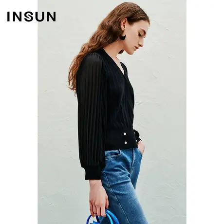 INSUN恩裳线上专选春季毛拼梭羊毛针织衫图片