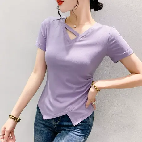 2024夏装新款时尚开叉T恤女短袖不规则V领小衫设计感高腰修身上衣图片