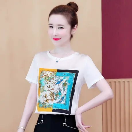 短袖t恤女夏装202年设计感小众仿真丝体桖时尚桑蚕丝印花上衣服图片