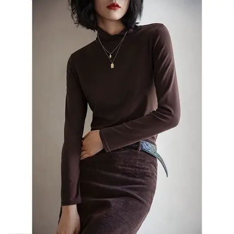 弥古黑色半高领打底衫女春秋长袖薄款t恤小众设计感内搭针织上衣商品大图