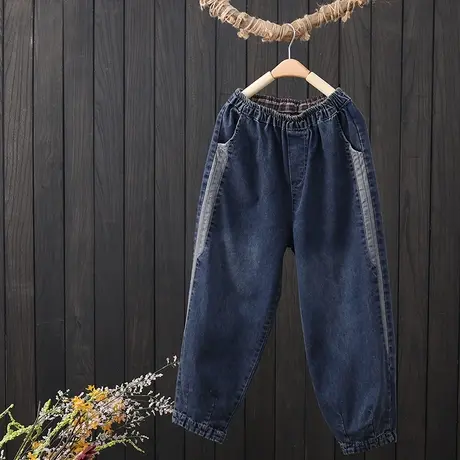 拼接牛仔裤女2023年春季新款松紧腰宽松休闲九分裤萝卜小脚哈伦裤图片