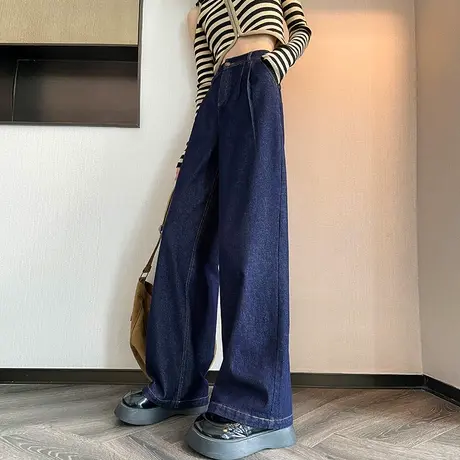 深蓝色牛仔裤女春秋宽松大码阔腿裤梨形身材胖mm垂感显瘦直筒长裤商品大图