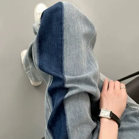 撞色阔腿牛仔裤女春秋新款高腰宽松显瘦ins小众拼接小个子直筒裤商品大图