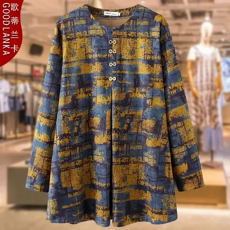 40-50岁中年妈妈秋装长袖打底衫加大码宽松中长款印花针织T恤上衣商品大图