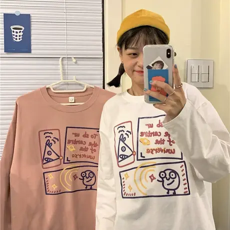 盐系日系简笔画原创设计感可爱新款韩版秋冬装宽松圆领长袖卫衣女图片