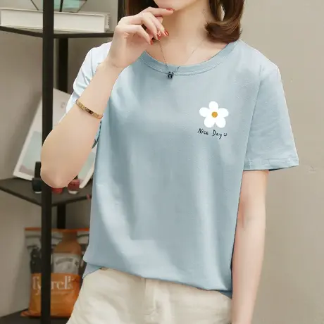 蓝色纯棉T恤女短袖2022年新款夏季宽松休闲百搭上衣韩版小邹菊t桖图片