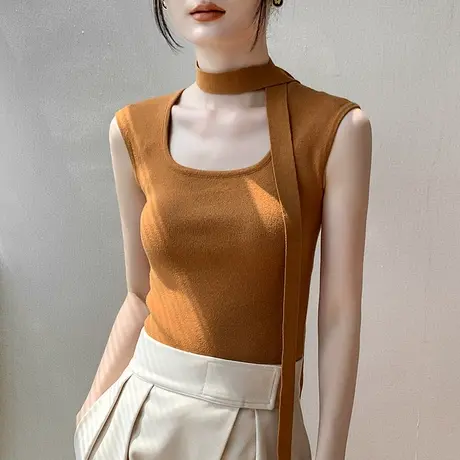 法式小香风U领无袖针织衫女2025春季坎肩洋气减龄背心内搭打底衫商品大图