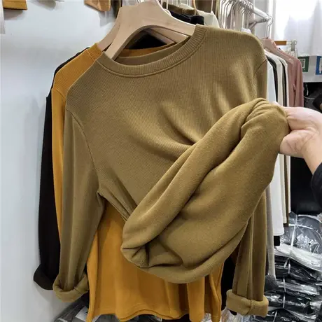 秋冬新款加绒加厚设计感圆领宽松羊绒T恤女长袖洋气内搭打底衫商品大图