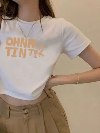 白色圆领字母短袖t恤女2023新款夏季宽松短款百搭体桖纯棉上衣潮图片
