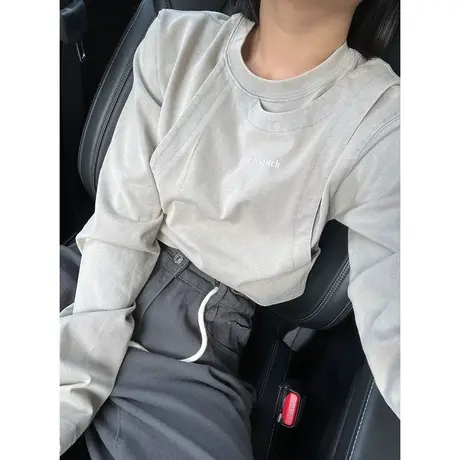 设计感小众别致长袖T恤女春秋百搭修身短款假两件拼接上衣打底衫商品大图