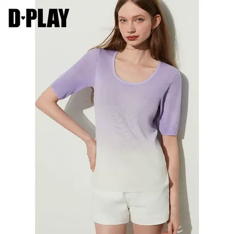 DPLAY夏新款氛围渐变紫U领短袖双色渐变高弹针织套头小衫商品大图