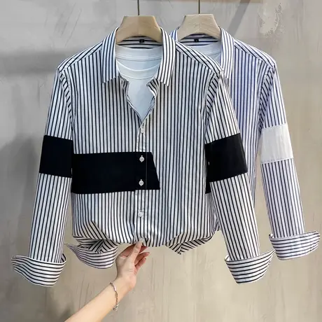 拼接衬衫外套男休闲潮流宽松条纹高级感男装男士衬衣长袖春秋新款商品大图