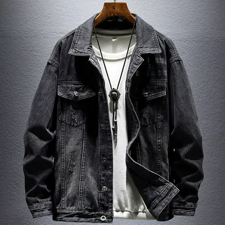 潮搭潮牌工装牛仔外套男士宽松翻领新款时尚百搭高街帅气休闲夹克商品大图