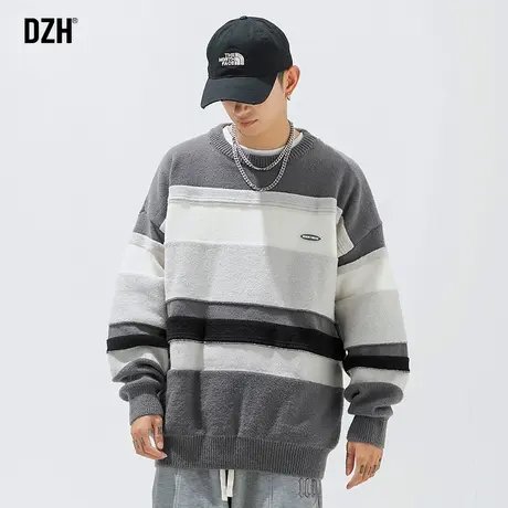 男生条纹圆领毛衣男秋冬宽松慵懒风男装2023新款长袖针织上衣秋装商品大图