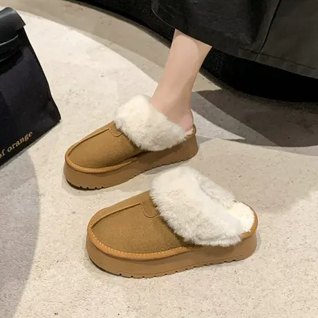 冬季包头半拖鞋女外穿2024新款防滑配裙子时尚圆头毛毛鞋勃肯棉拖商品大图