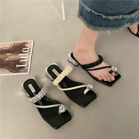 网红水钻粗跟凉拖鞋女时尚外穿2024夏新款法式气质高级感套趾拖鞋商品大图