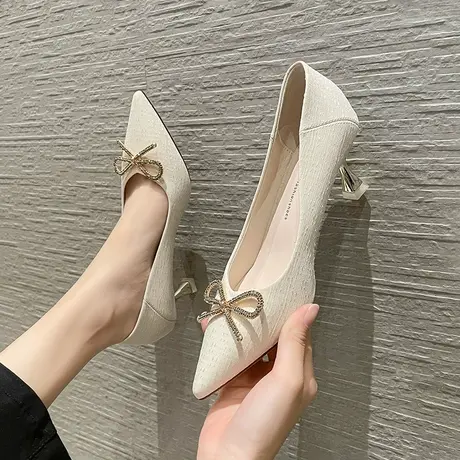 尖头高跟鞋女细跟2023春季新款性感百搭法式仙女风蝴蝶结宴会单鞋商品大图