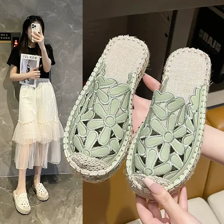 渔夫鞋亚麻包头半拖鞋女夏外穿2024年新款百搭厚底凉拖镂空洞洞鞋商品大图