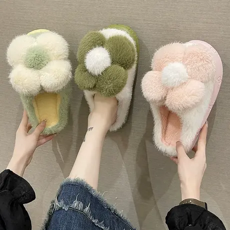 棉拖鞋女秋冬季2024年新款室内居家毛绒保暖厚底可爱花朵包头拖鞋商品大图