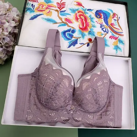 美容院薄款蕾丝文胸夏聚拢收副乳调整型无海绵大码胸罩四排扣内衣商品大图