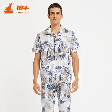 铜牛春夏纯棉男士睡衣家居套装半袖长裤翻领男套薄NJ027商品大图