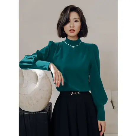 弥古绿色泡泡袖针织衫女春秋半高领磨毛打底衫内搭小众灯笼袖上衣商品大图