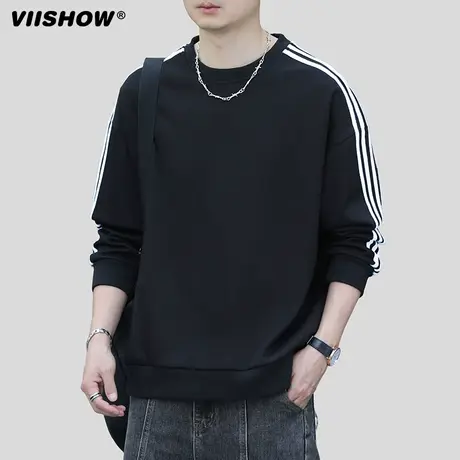 VIISHOW纯棉三条杠圆领卫衣男士冬季加绒加厚上衣宽松加肥加大码商品大图
