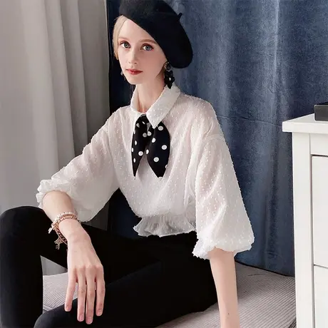 【直播】粉红大布娃娃短款衬衫雪纺上衣女轻熟蕾丝两件套商品大图