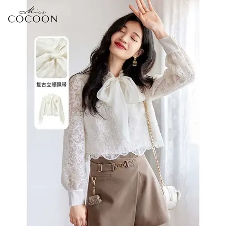 missCOCOON重工蕾丝衬衫女23秋新款法式蝴蝶结羽绒纱宫廷风小衫图片
