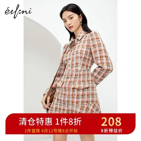 伊芙丽连衣裙秋冬新款格纹小香风长袖中长款裙子女1BA998371图片