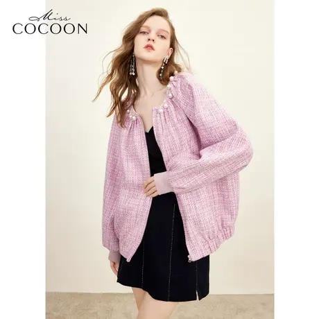 missCOCOON珠片香风上衣2023秋季新款女圆领抽褶手工珍珠外套冬季商品大图