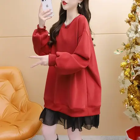 加绒加厚卫衣女中长款2024新款早春季爆款洋气宽松慵懒风百搭上衣商品大图